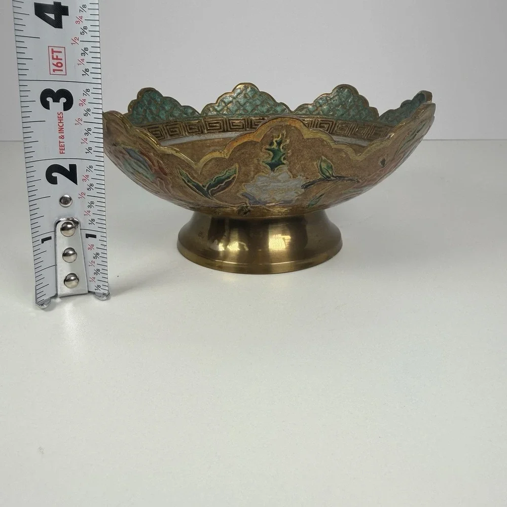 Colorful Cloisonné enamel bowl Scalloped‎ With Floral & Greek Key Design